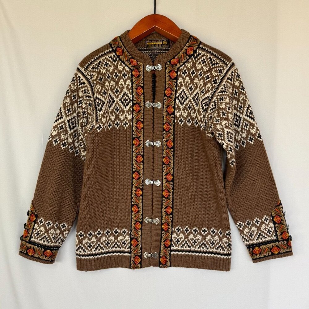 Vintage Nordstrickk  Brown 100% Wool Nordic Fair Isle Silver Closure Cardigan